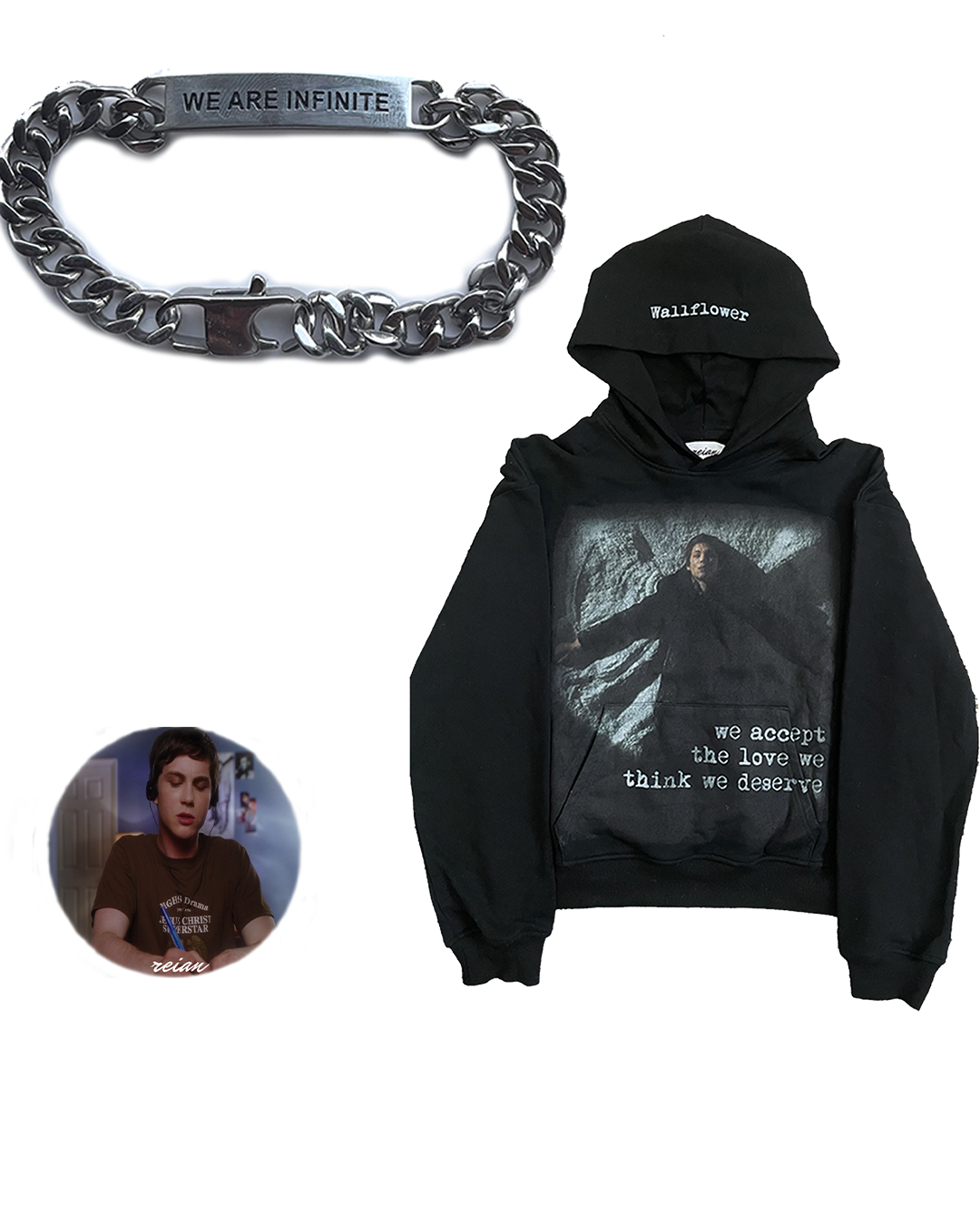 "Wallflower" hoodie + "WE ARE INFINITE" bracelet